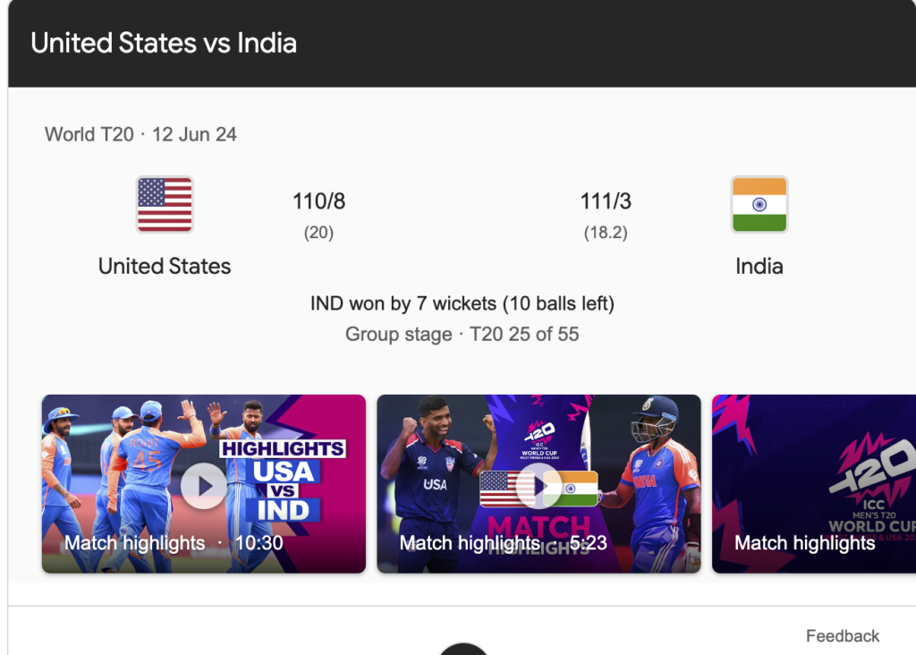 United States National Cricket Team vs India National Cricket Team Match Scorecard