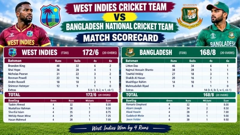West Indies Cricket Team vs Bangladesh National Cricket Team Match Scorecard