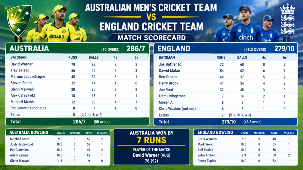 Australian Men’s Cricket Team vs England Cricket Team Match Scorecard